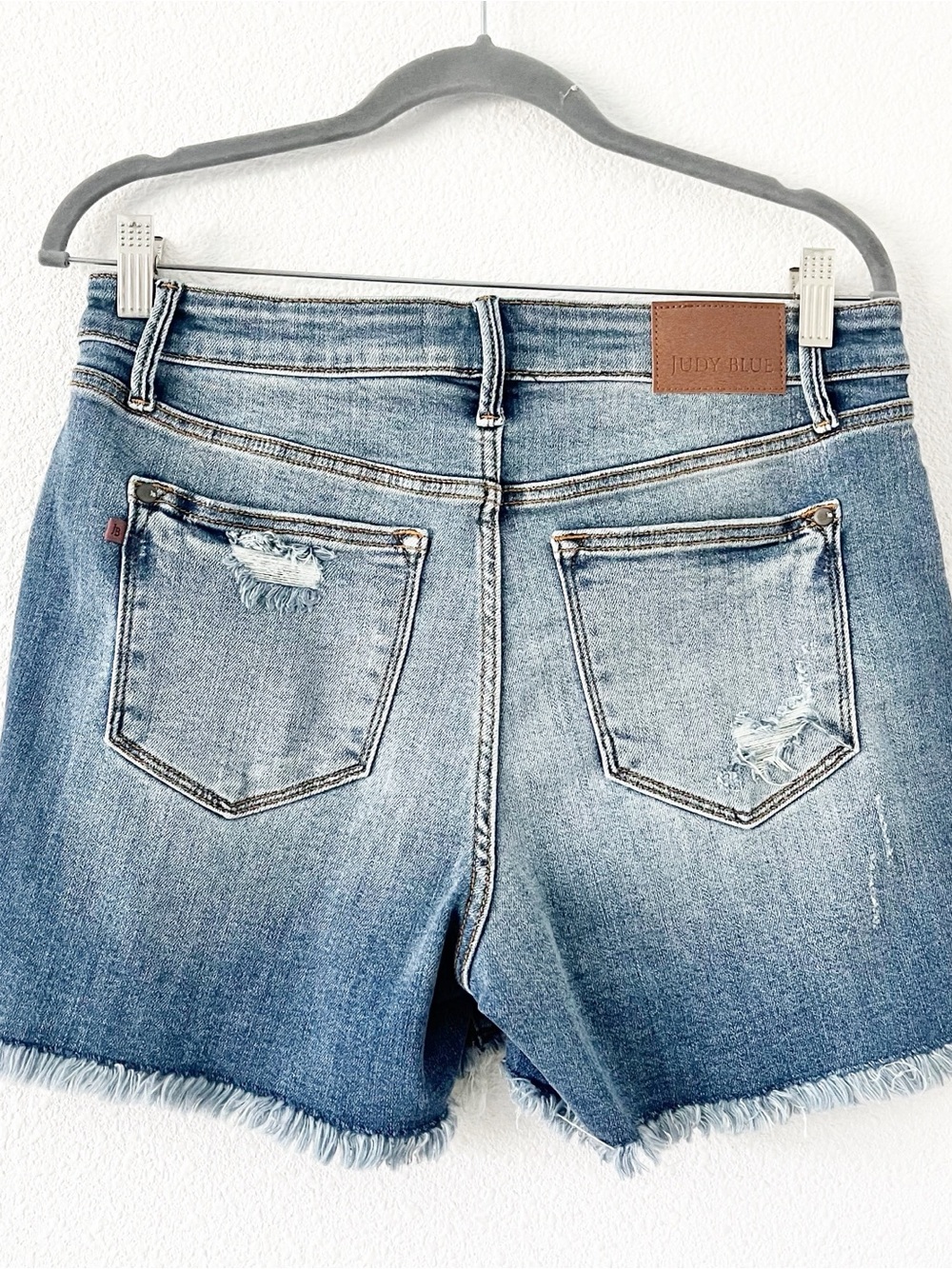 Judy Blue High Rise Frayed Hem Distressed Stretch Denim Jean Shorts - Picture 5 of 8